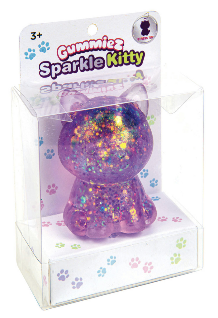 Purple Gummiez Sparkle Kitty a cat shaped squishy toy packaged in a clear plastic box. 