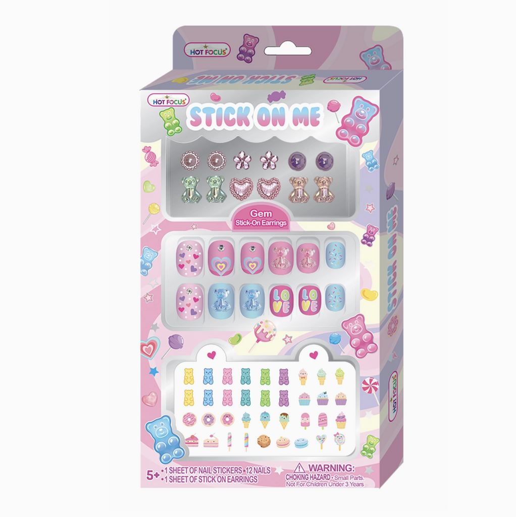Stick on Me Gummy Bear includes 1 sheet of gem stick on earrings, 1 sheet of nail stickers, and 12 press on nails in cute gummy bear and heart designs.
