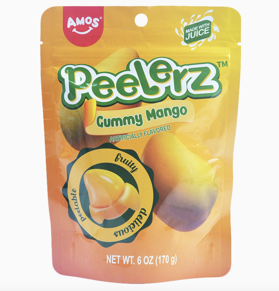 Gmmy Peelerz Mango flavored gummy candy packaged in an orange bag with pictures of the candy and mangoes on the front. 