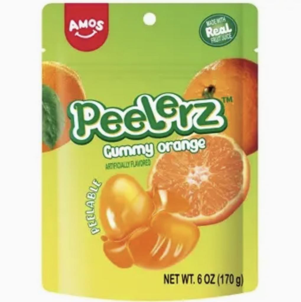 Gummy Peelerz Orange candy packaged in a green bag with pictures of the candy and fresh oranges. 