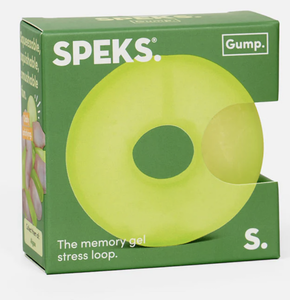 Gump Loop in Algae a bright greenish, yellow color. This stress ball is shaped like a life saver with a hole in the center. It's packaged in a green box with an opening on the side, so the texture of the gel filled stress toy can be tested. 