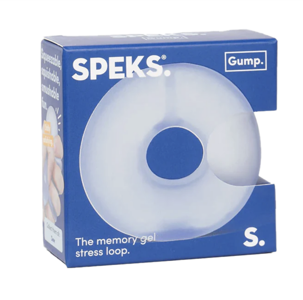 Gump Loop in Dew a very light pale blue color. This stress ball is shaped like a life saver with a hole in the center. It's packaged in a green box with an opening on the side, so the texture of the gel filled stress toy can be tested. 