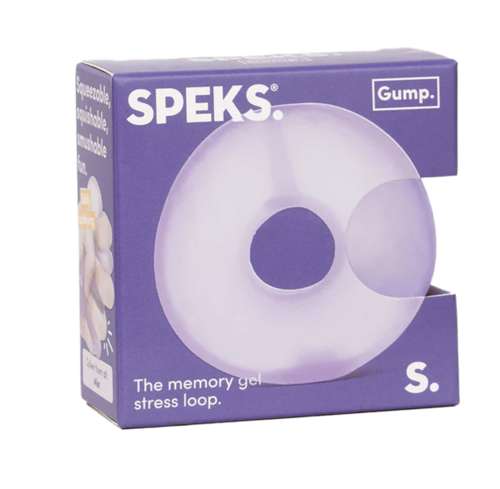 Gump Loop in Mist a very light purple color. This stress ball is shaped like a life saver with a hole in the center. It's packaged in a green box with an opening on the side, so the texture of the gel filled stress toy can be tested. 