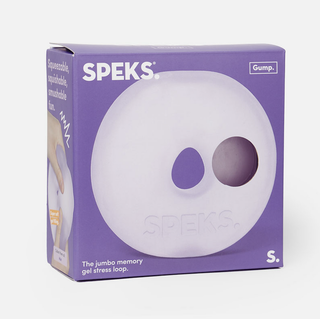 Purple box with a picture of the Jumbo Gump Loop stress loop filled with memory gel. 