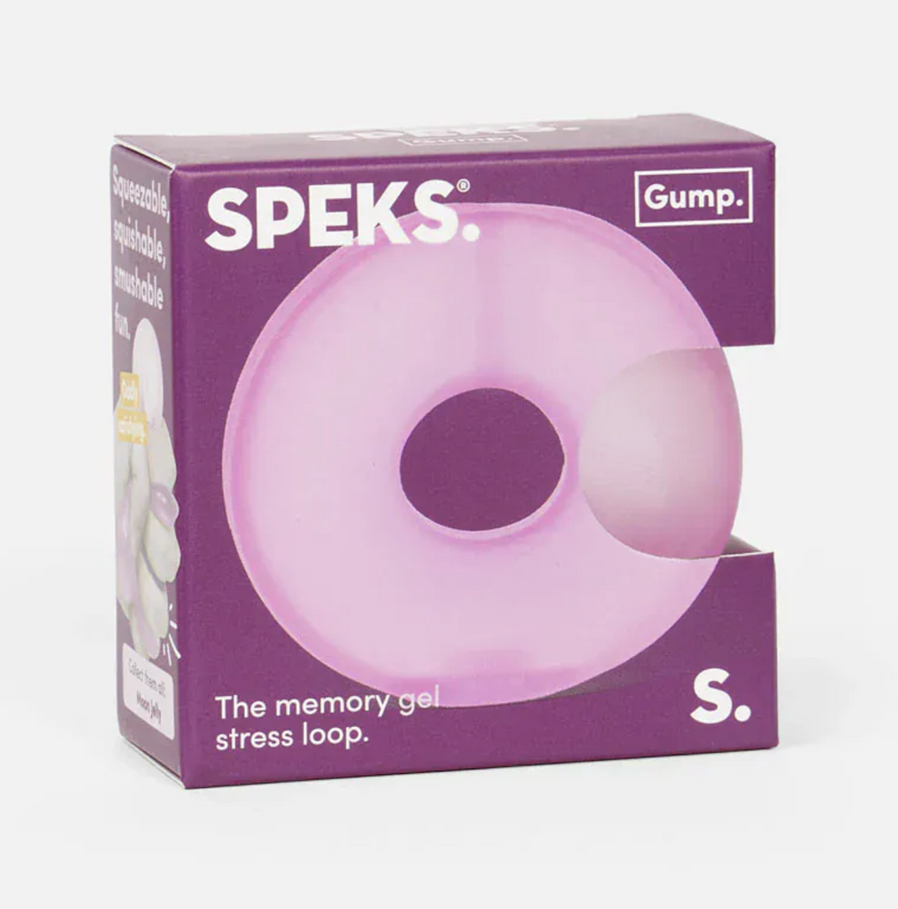 Gump Loop in Moon Jelly a dark pink  color. This stress ball is shaped like a life saver with a hole in the center. It's packaged in a green box with an opening on the side, so the texture of the gel filled stress toy can be tested. 