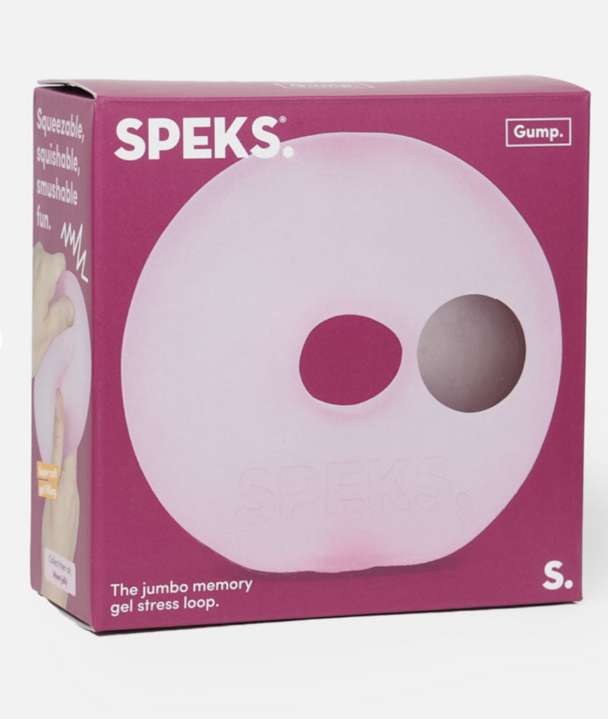 Speks Jumbo Loop in Moon Jelly packaged in a box with with a picture of the stress toy with a hole in the front so you can feel the texture. 