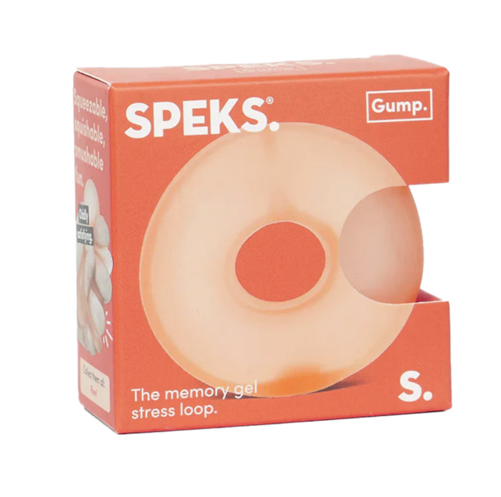 Gump Loop in Reef a light orange color. This stress ball is shaped like a life saver with a hole in the center. It's packaged in a green box with an opening on the side, so the texture of the gel filled stress toy can be tested. 