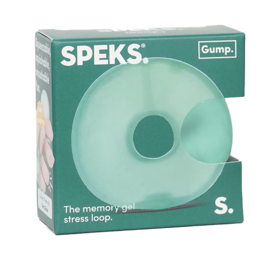 Gump Loop in Sea Glass a light greenish blue color. This stress ball is shaped like a life saver with a hole in the center. It's packaged in a green box with an opening on the side, so the texture of the gel filled stress toy can be tested. 