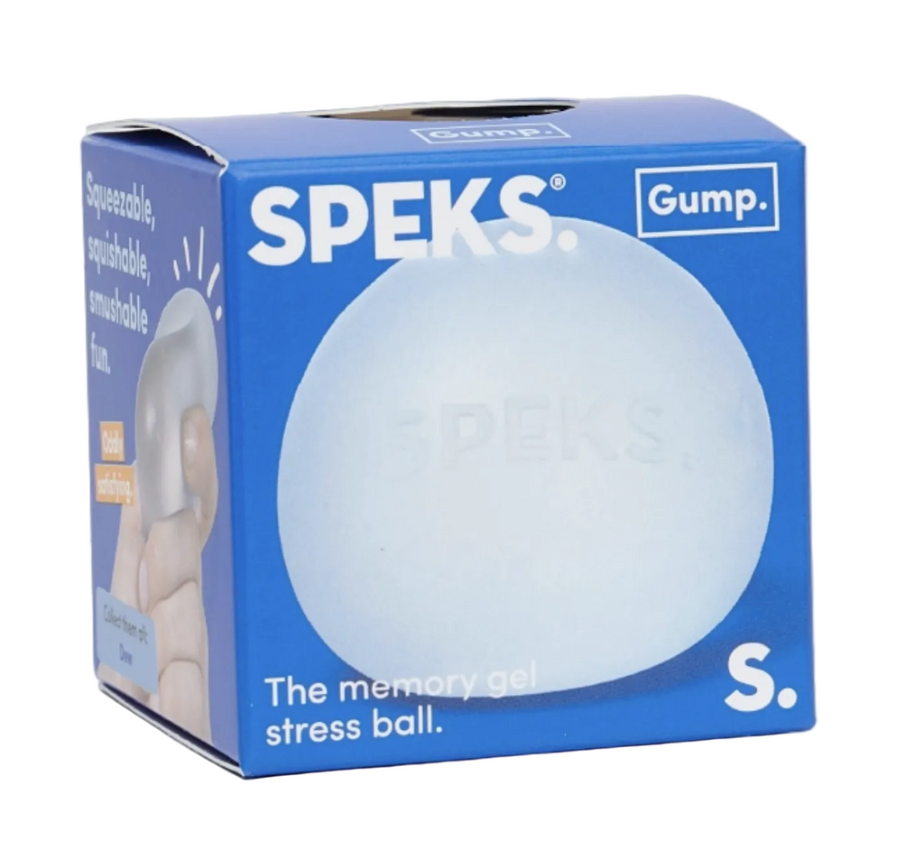 Gump by Speks the original memory gel stress ball, packaged in a blue box with pictures of the squishy ball on the sides and a hole on the top of the box that allows you to touch the ball. 