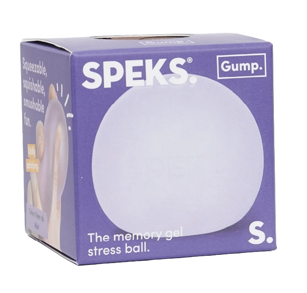 The Gump ,memory gel stress ball from Speks. Packaged in a purple box with pictures of the Gump in the color Mist a light purple. 