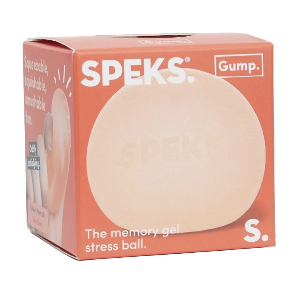 The Gump stress ball from Speks in the color Reef, packaged in an orange box with a hole in the top and pictures of the stress ball being squeezed. 