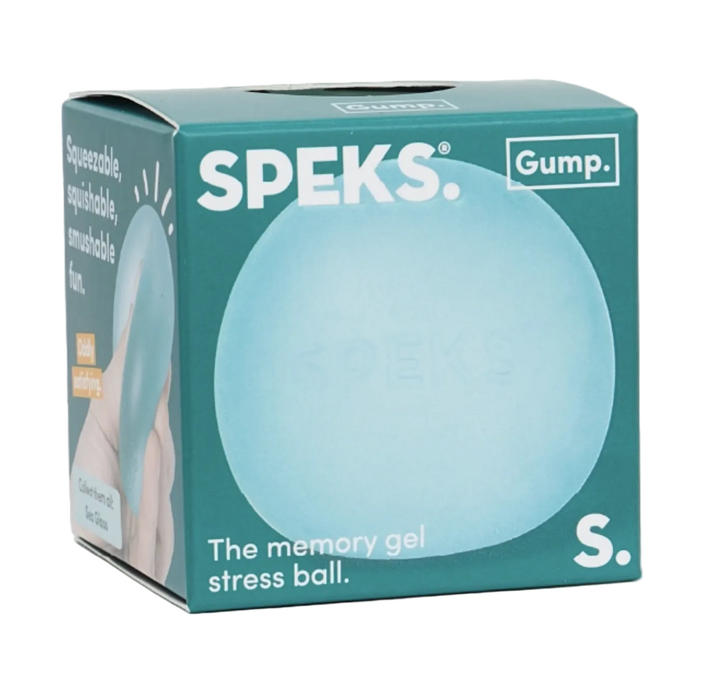 The Speks Gump original memory gel stress ball in the color Sea Glass. Packaged in a box with pictures of the gel stress ball, with a hole in the top so the ball can be pushed through the box. 