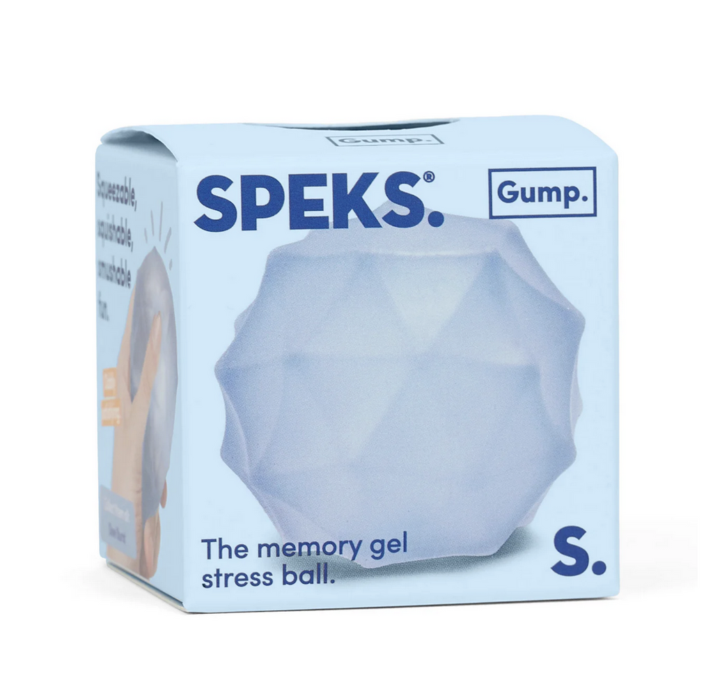 Gump Surface stress ball by Speks in the color Dew packaged in a light blue box with a picture of the textured stress ball on the front. 