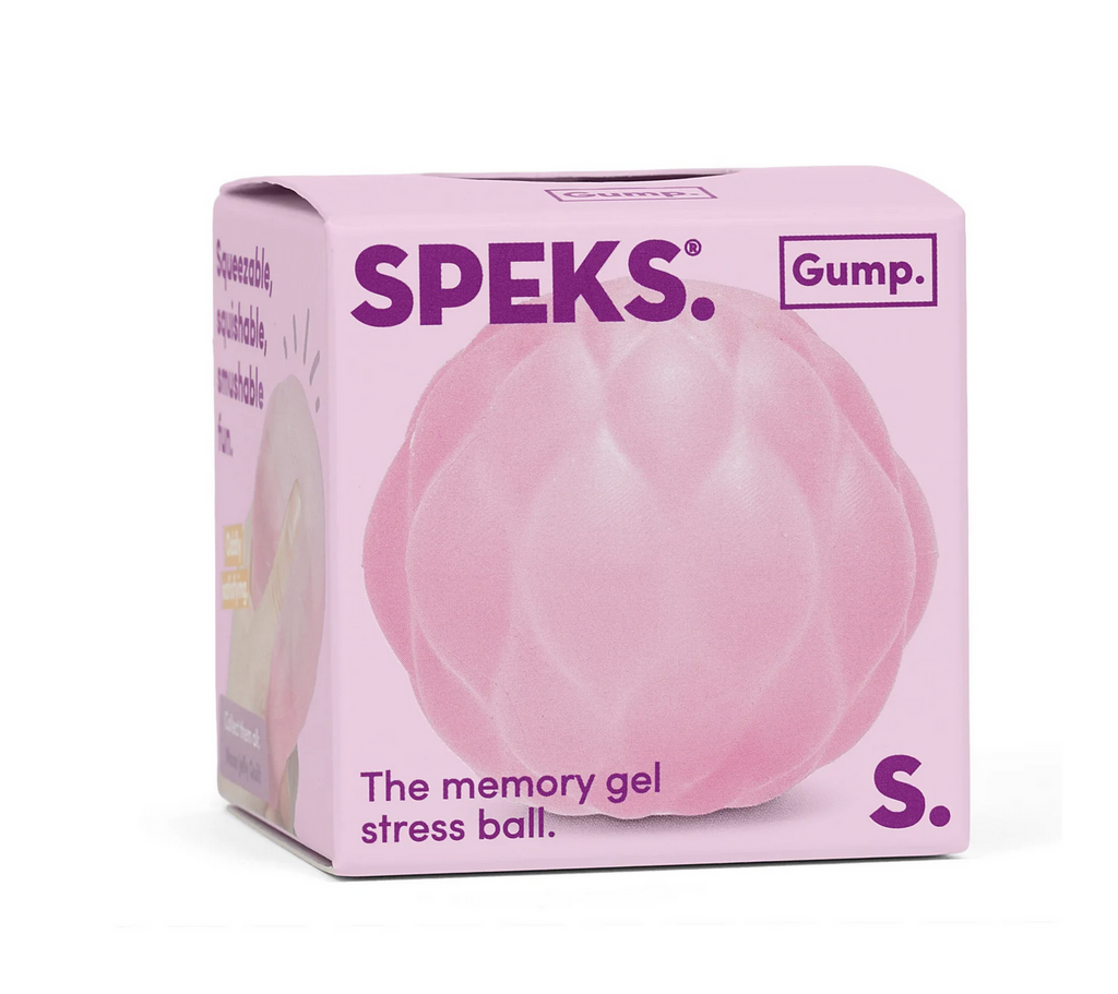 Light pink box with a picture of the Speks Gump Surface stress ball with the quilt texture. 