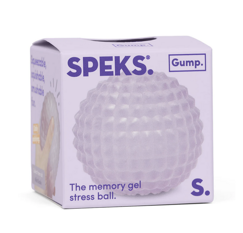 Light purple stress ball in the color Moon Jelly packaged in a light purple box with a picture of the textured ball on the front. 