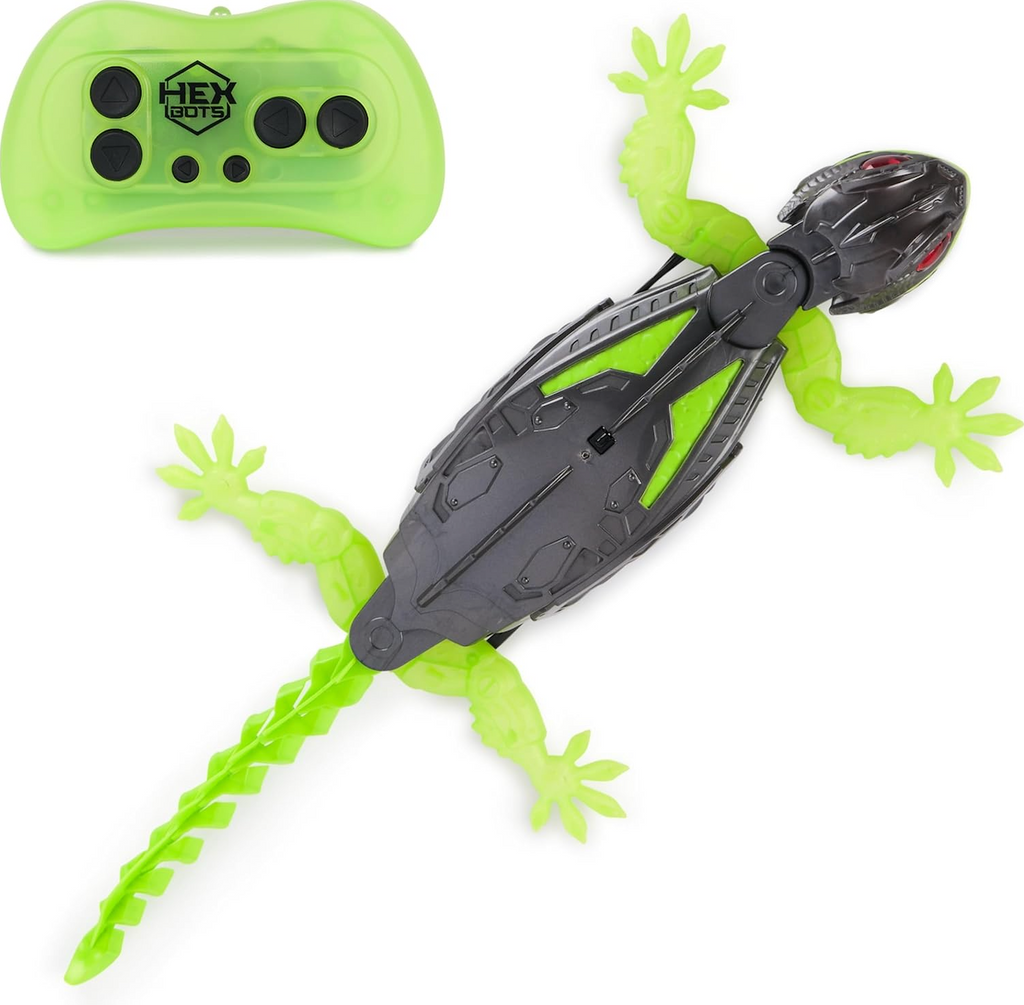 Hex Bots toy gecko with bright green remote control.