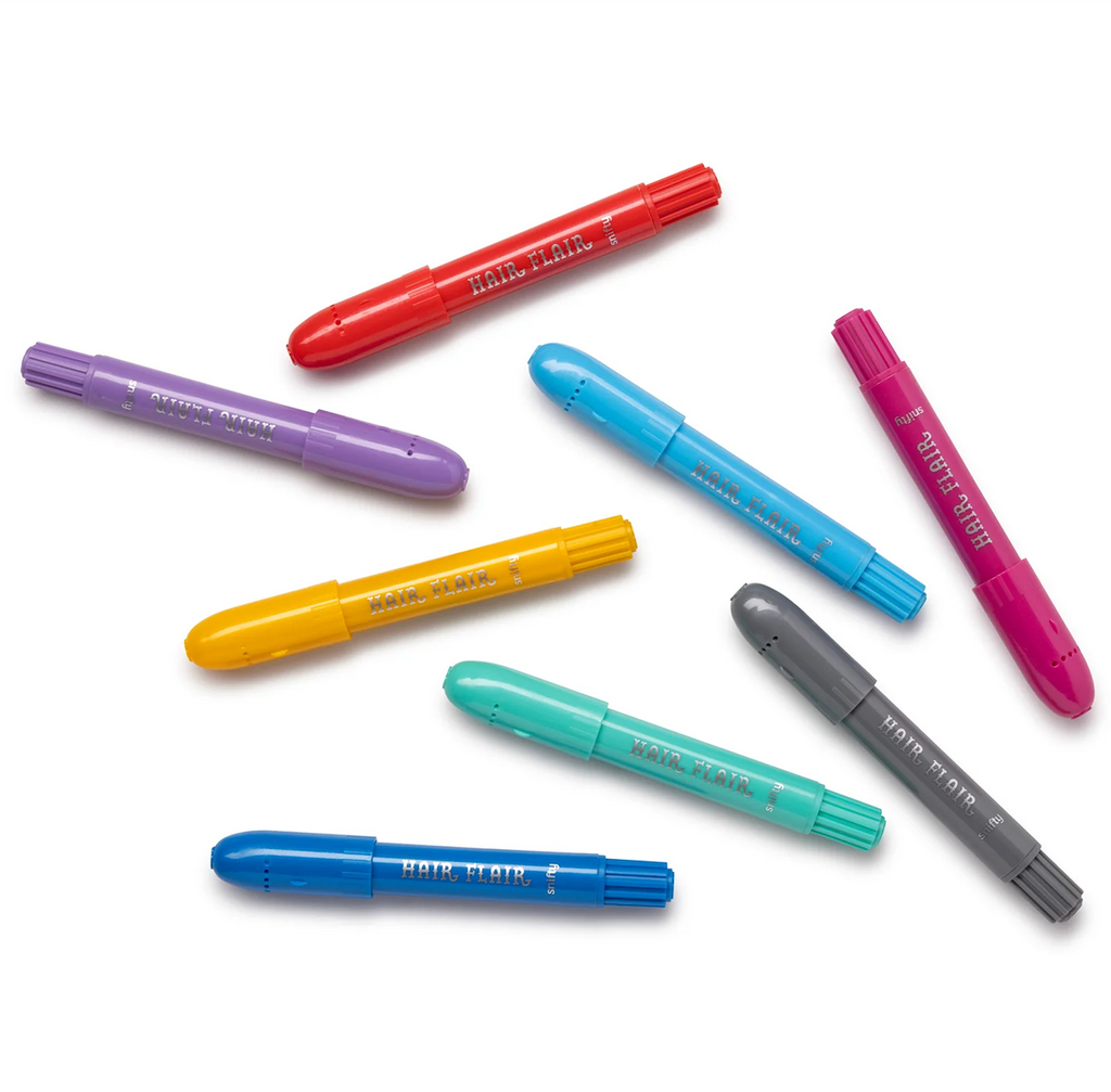Eight hair color sticks including purple, red, light blue, magenta, yellow, mint green, and dark gray. 