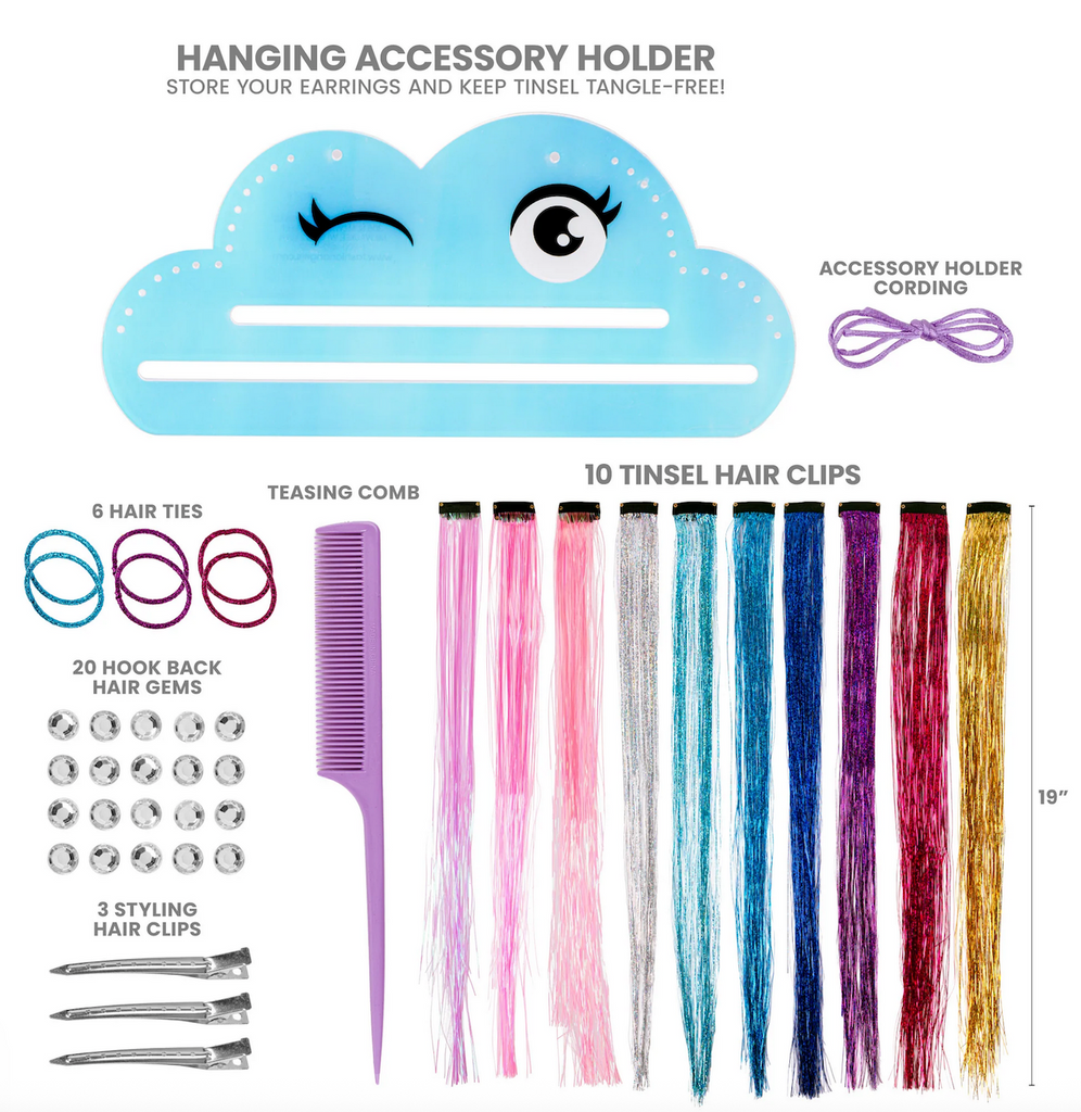 Hanging accessory holder with tinsel hair clips, hair ties, comb, and other hair accessories that are all included in the Hair Tinsel Styling Kit from Fashion Angels. 