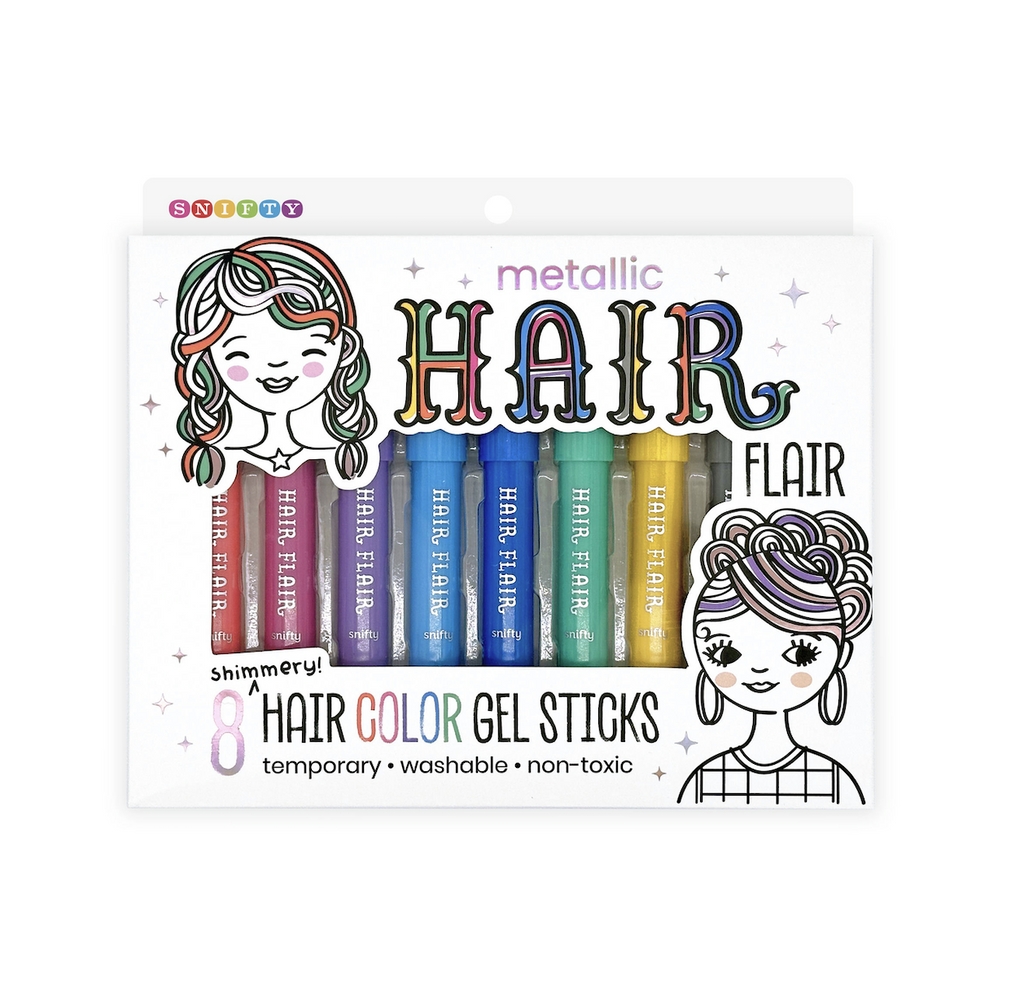 Hair Flair Color Gel Sticks, set of 8 metallic hair color sticks, packaged in a box that shows off the vibrant colors of the hair color. With fun illustrations of young kids with bright highlights in their hair. 