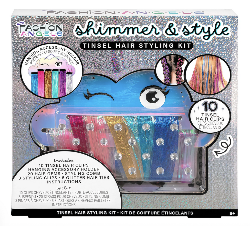 Silver, sparkly box with a clear plastic window that shows the assorted colors  tinsel hair clips, the hair gems and the accessory holder that are all included in the Shimmer and Style Tinsel Hair Styling Kit. 