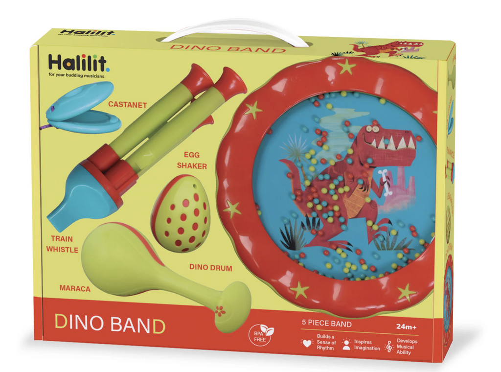 Bright yellow box featuring pictures of the musical instruments included in the Dino Band set with a castanet, train whistle, egg shaker, maraca, and a drum that has a red dinosaur with sharp teeth and beads that move around while you play it. 