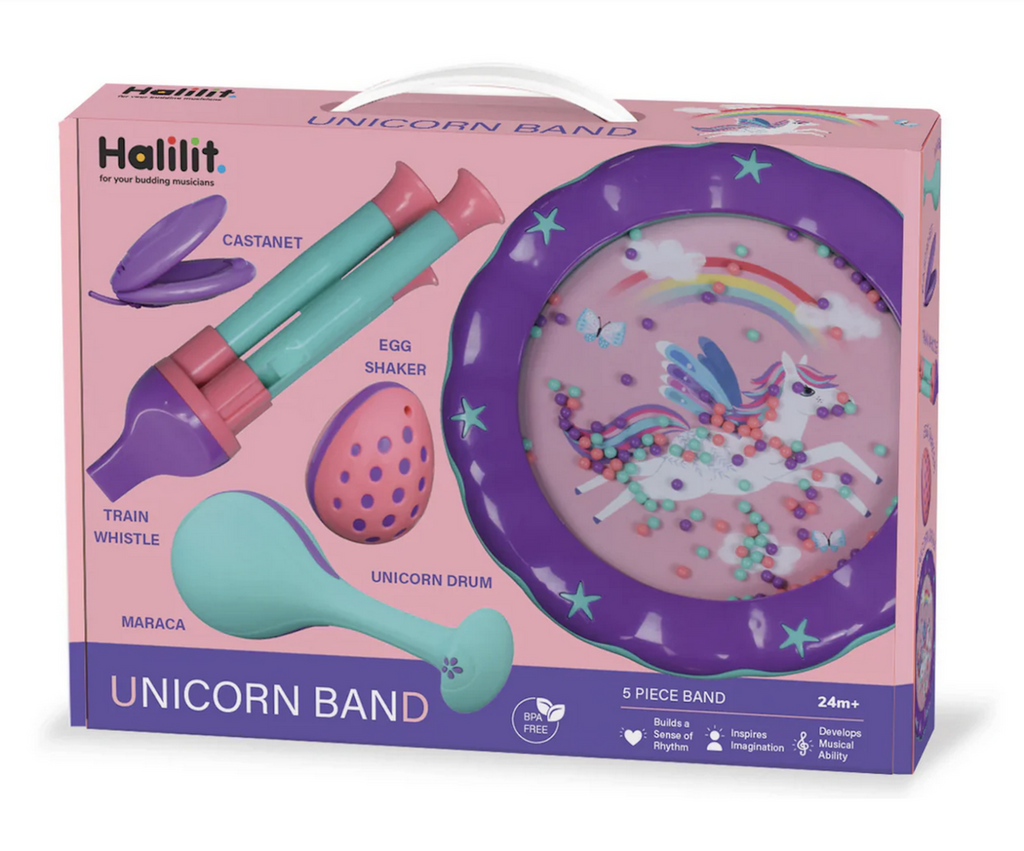 Pink box featuring pictures of the pink, purple and turquoise instrument included in the Unicorn Band set. There is a castanet, train whistle, egg shaker, maraca and drum with a clear top that shows a flying unicorn with colorful beads. 