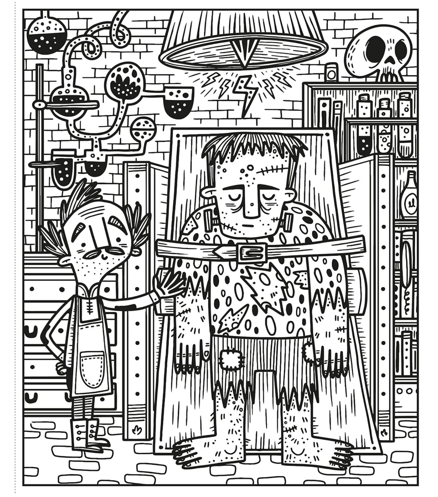 Interior page of the monster and a mad scientist from Halloween Magic Painting Book. 