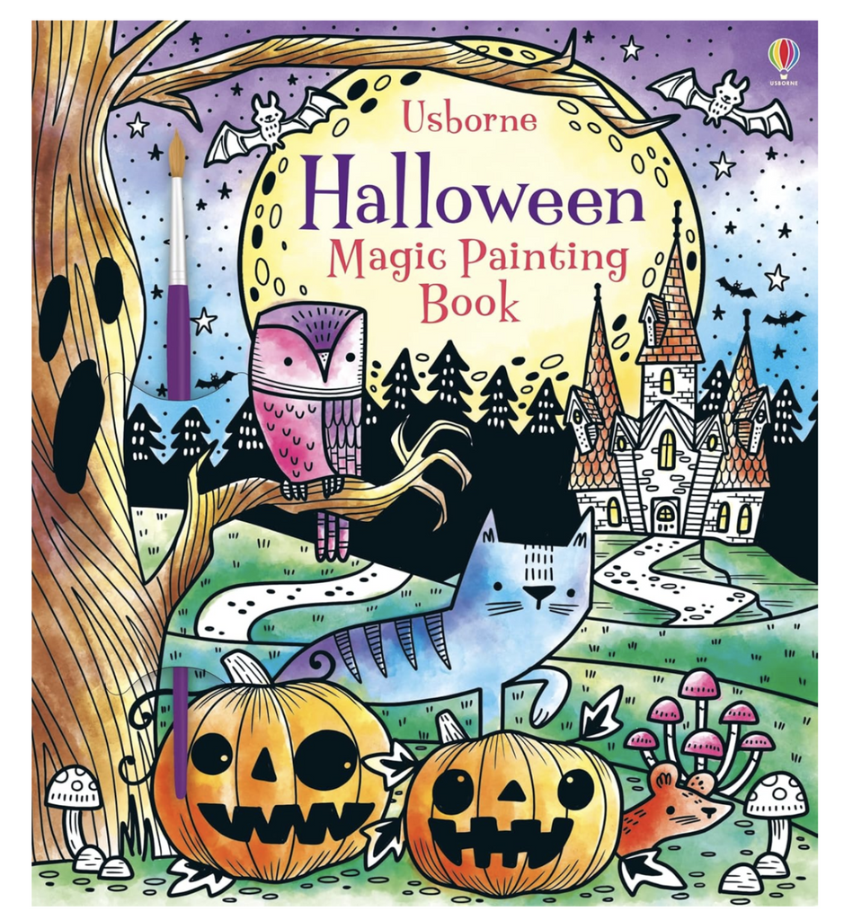 Illustrated cover of the Halloween Magic Painting book with jack o lantern's, a cat, an owl and a haunted looking house in the background. 