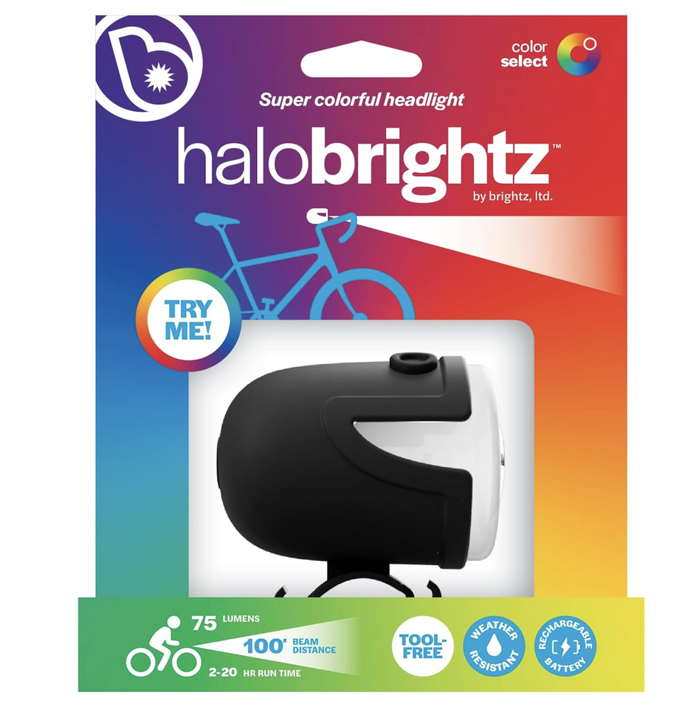 The Halo Brightz headlight packaged in a colorful box with an open window that shows the headlight and mounting hardware. 
