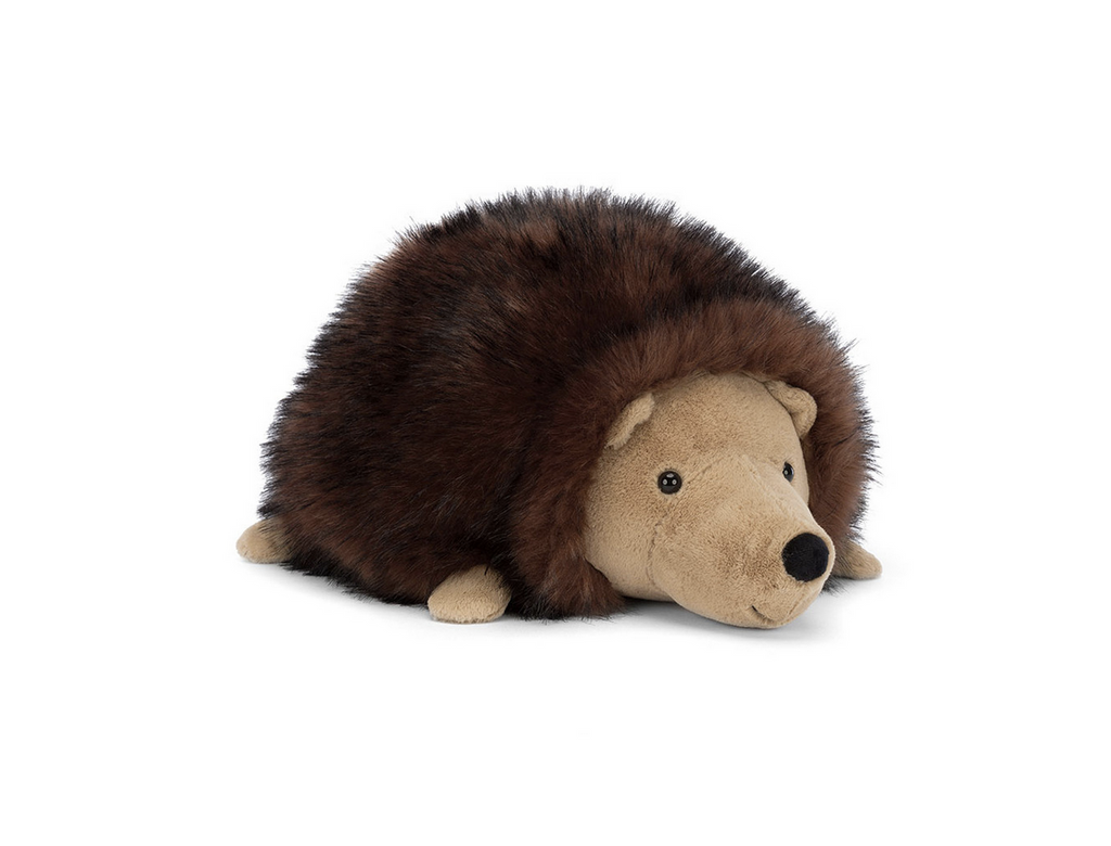 Light brown hedgehog plush with dark brown fluffy fur.