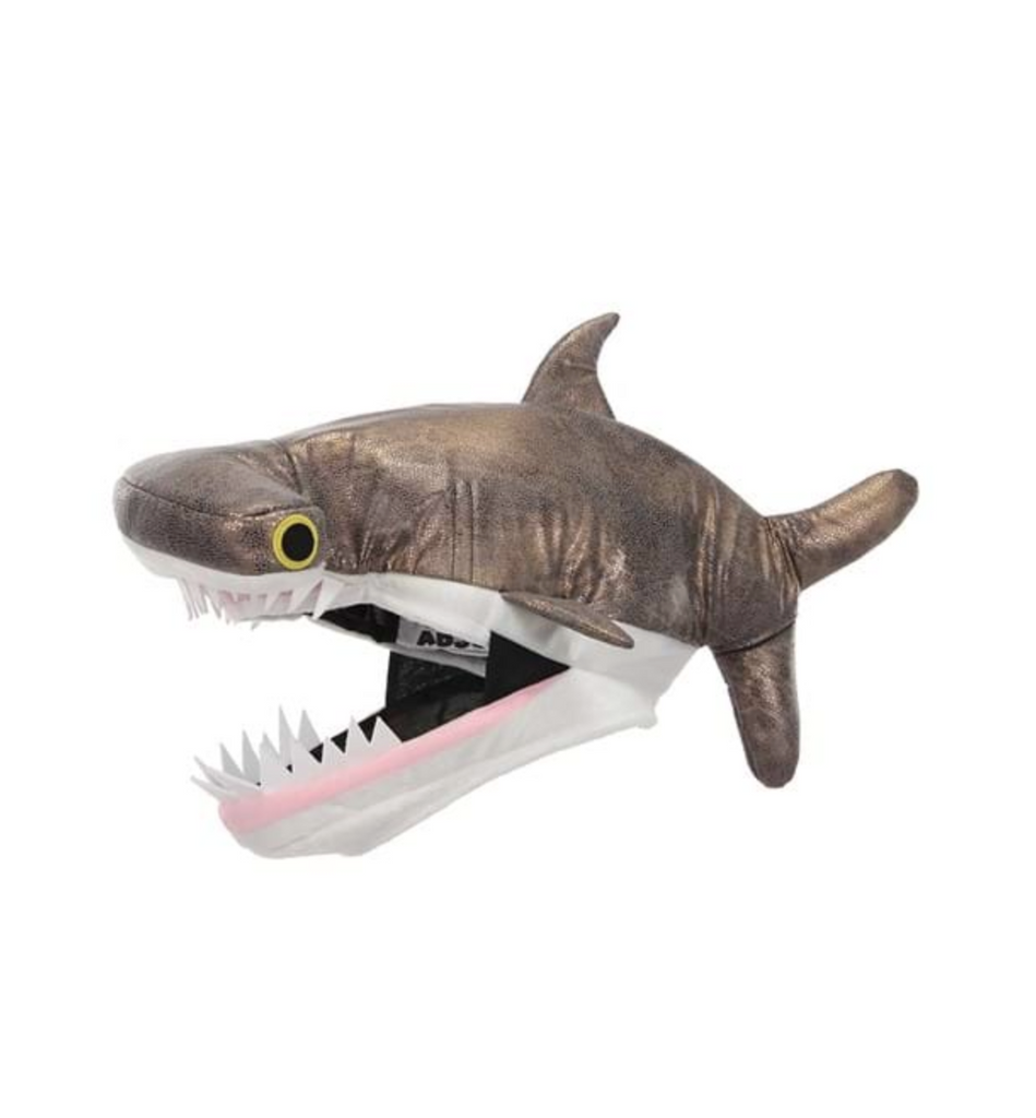 Plush Hammerhead Shark Jawsome hat with wide open mouth and sharp rows of teeth. 