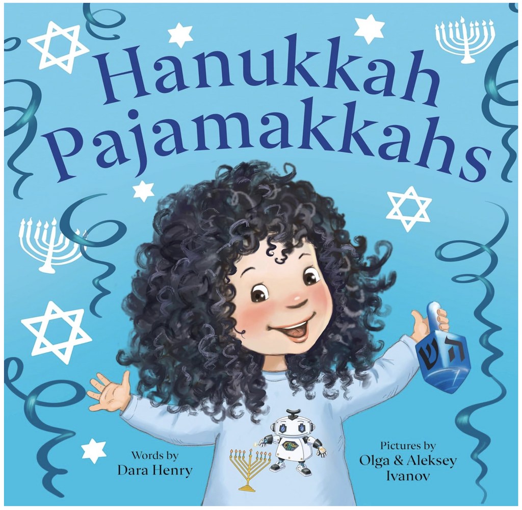 Cover of Hanukkah Pajamakkahs with an illustration of the main character Ruthie surrounded by Hanukkah decorations. 