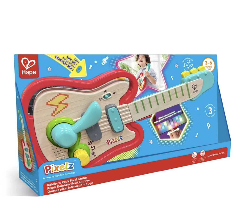 The Rainbow Rock Pixel Guitar packaged in an open box with a try me function that shows off the lights and whammy bar. 