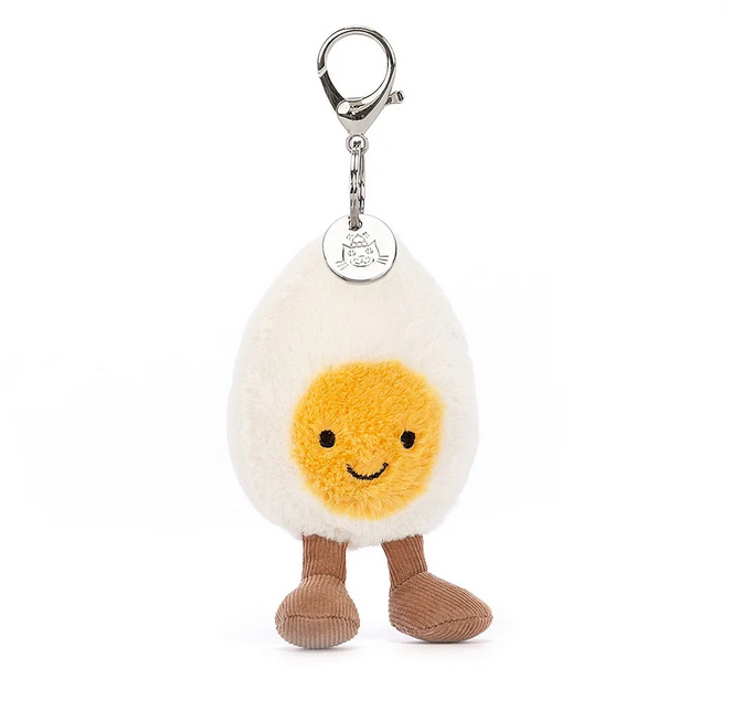 The Happy Boiked Egg charm suspended from the silver chain with lobster claw clasp and Jellycat charm. 