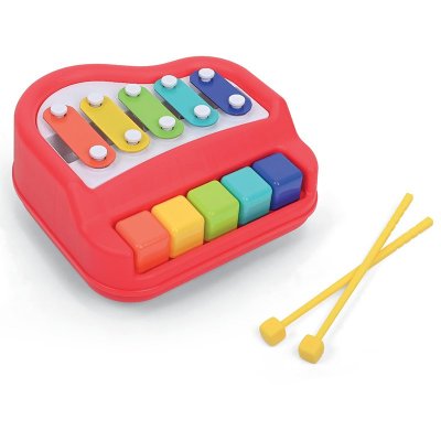 Red piano, xylophone with yellow mallets toy. 