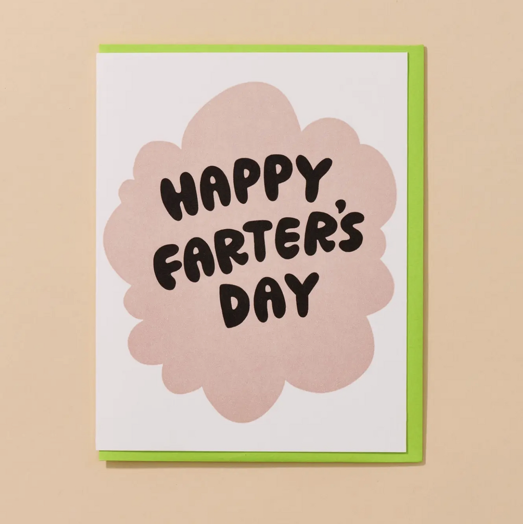 Greeting card that reads "Happy Farter's Day" in black lettering inside a fart cloud. 