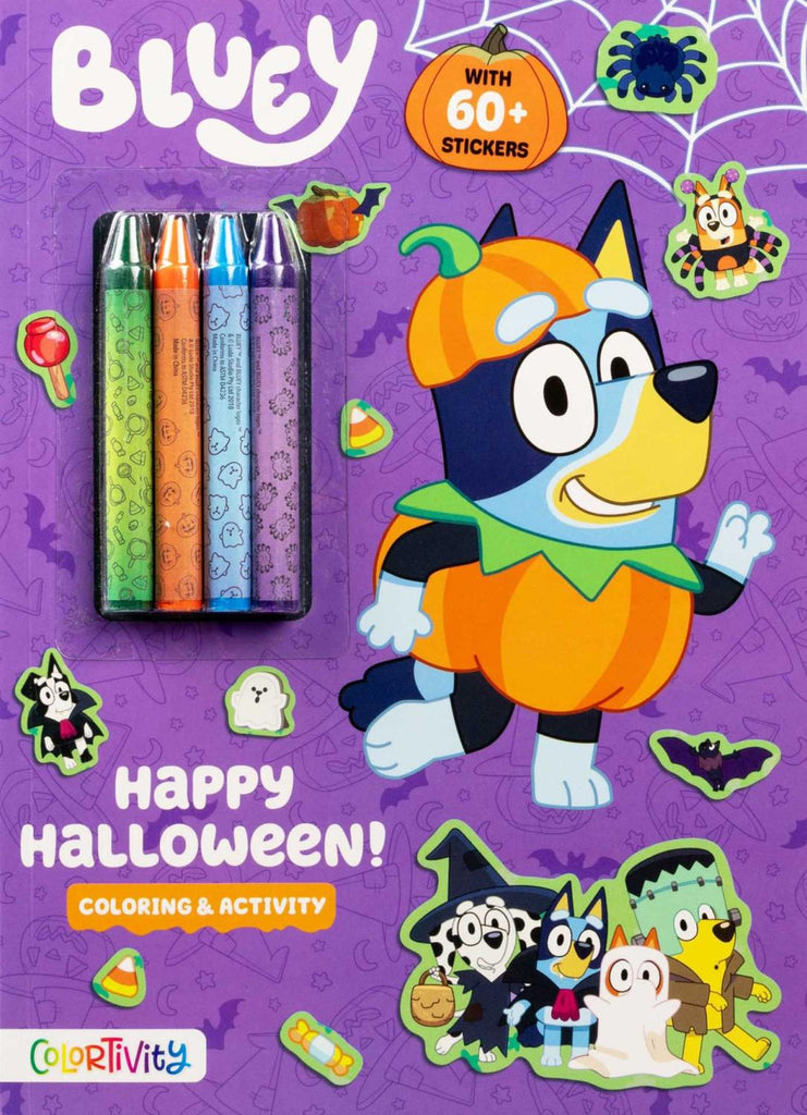 Cover of Bluey Happy Halloween coloring and activity book with 4 crayons attached to the front.
