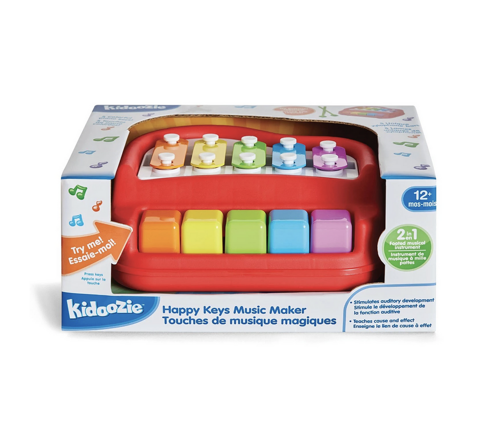 Happy Keys Music Maker red piano xylophone combo packaged so that the piano can be played. 