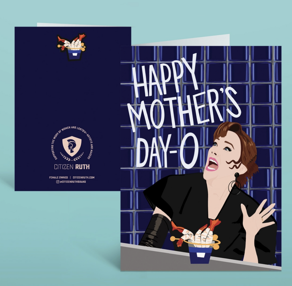 Illustrated Mother's Day card depicting Catherine O'Hara as her character from Beetlejuice that reads "Happy Mother's Day-O"