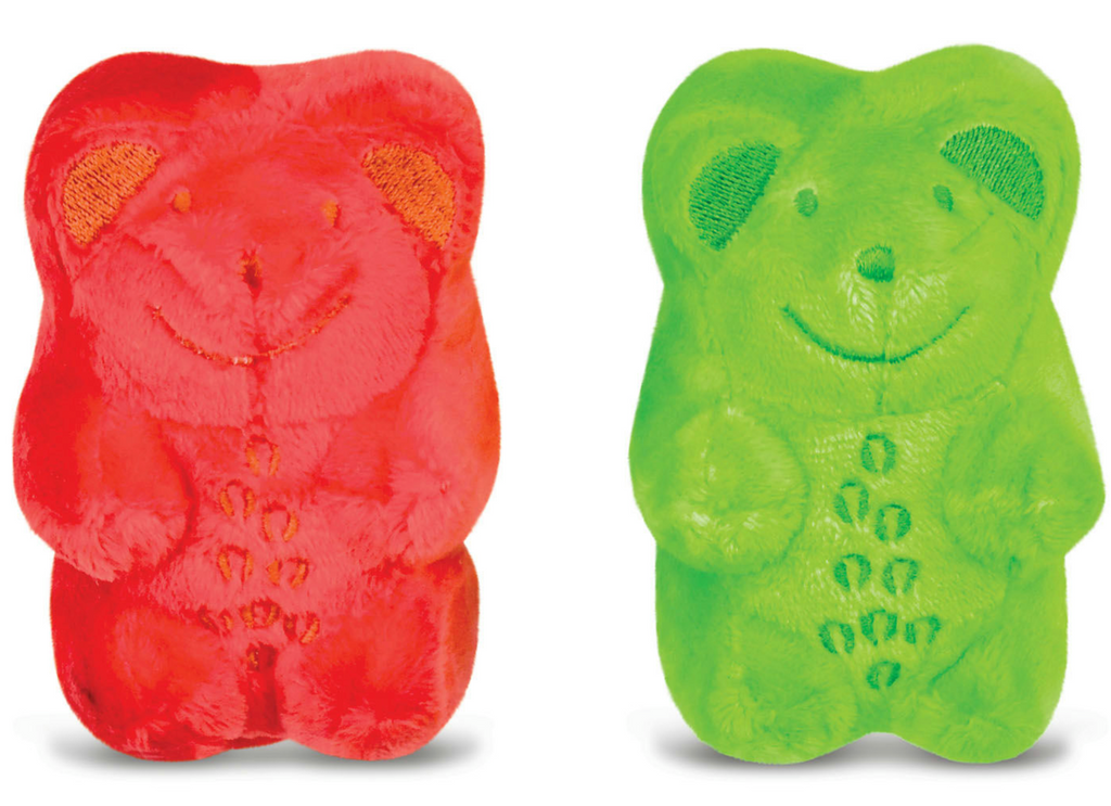 Two little plush gummy bears, one red and one green that come inside the Haribo Goldbears plush bag. 