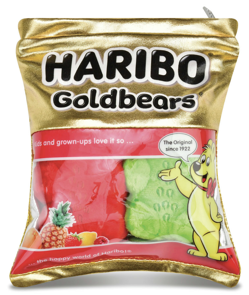 Shiny gold Haribo Goldbears plush bag filled with one red and one green plush gummy bears. 