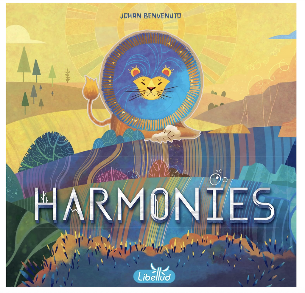 Cover of Harmonies board game box with an abstract illustration of a lion on the hill of a beautiful landscape. 