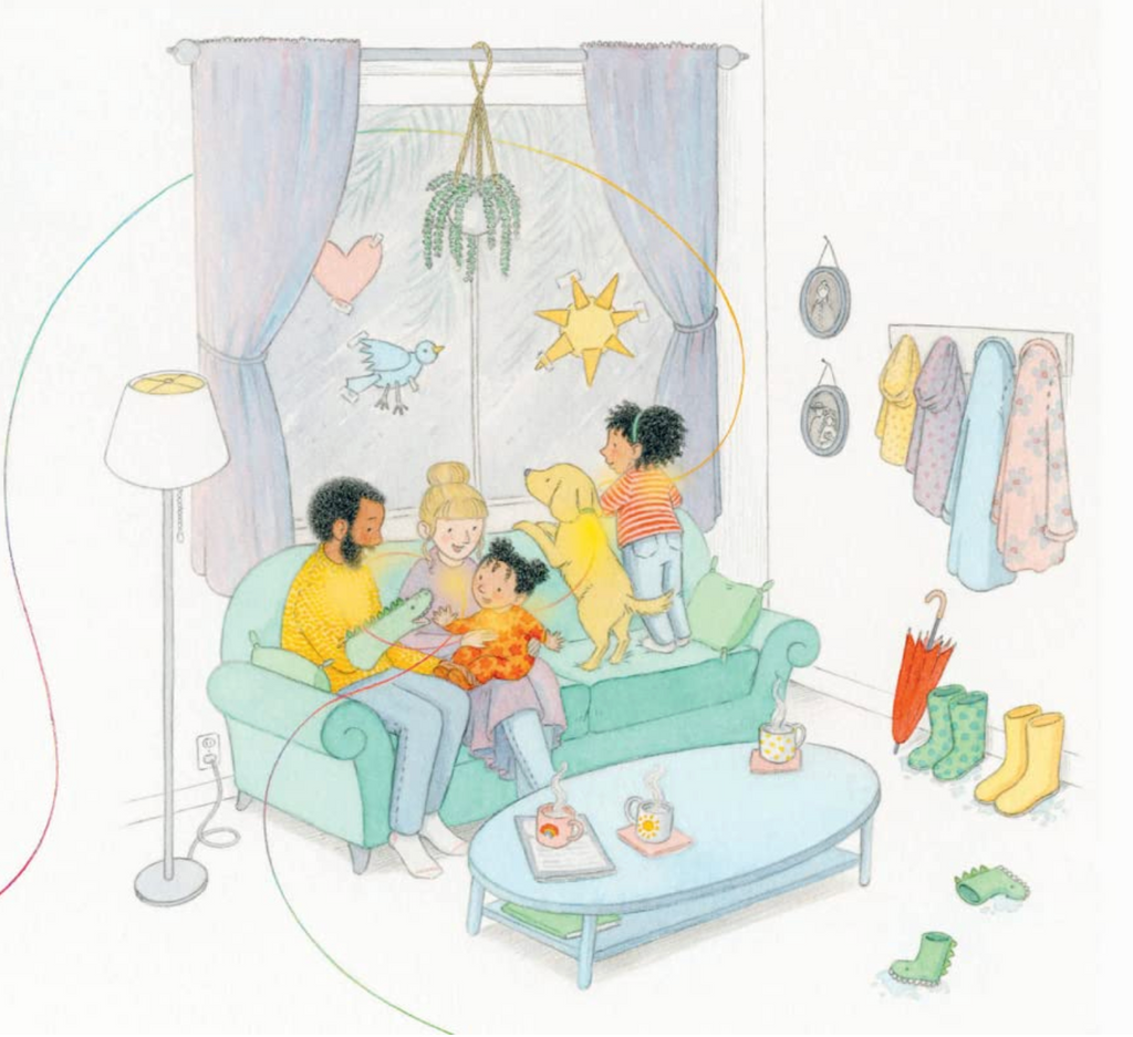 Interior page from Heart String hardcover story book of a family in their living room. 