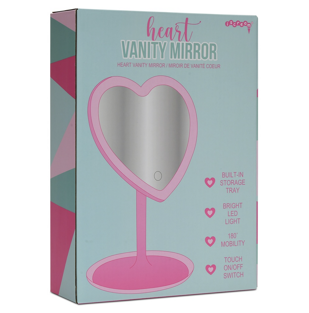 Heart Vanity Mirror box with an illustration of the heart shaped mirror and stand. 