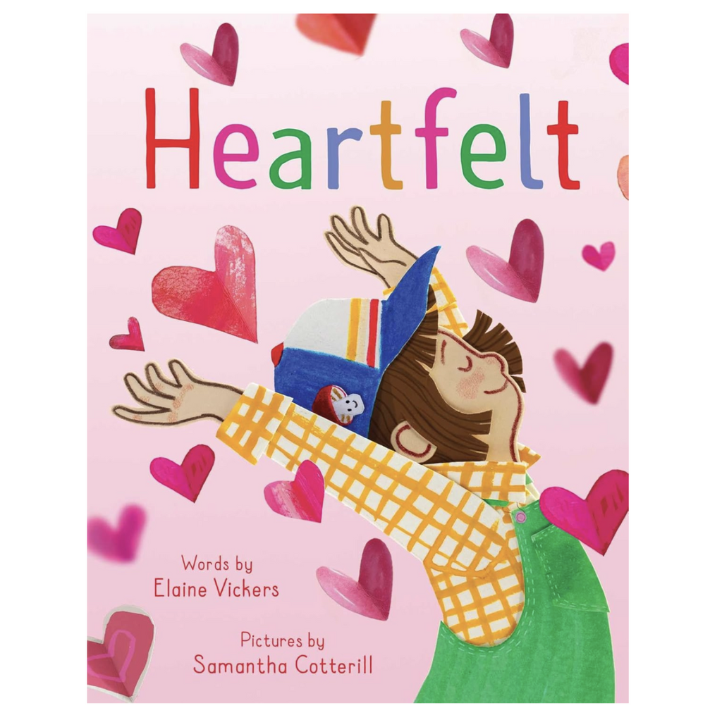 Illustrated cover of the book "Heartfelt" with the main character and paper hearts raining down all around them. 