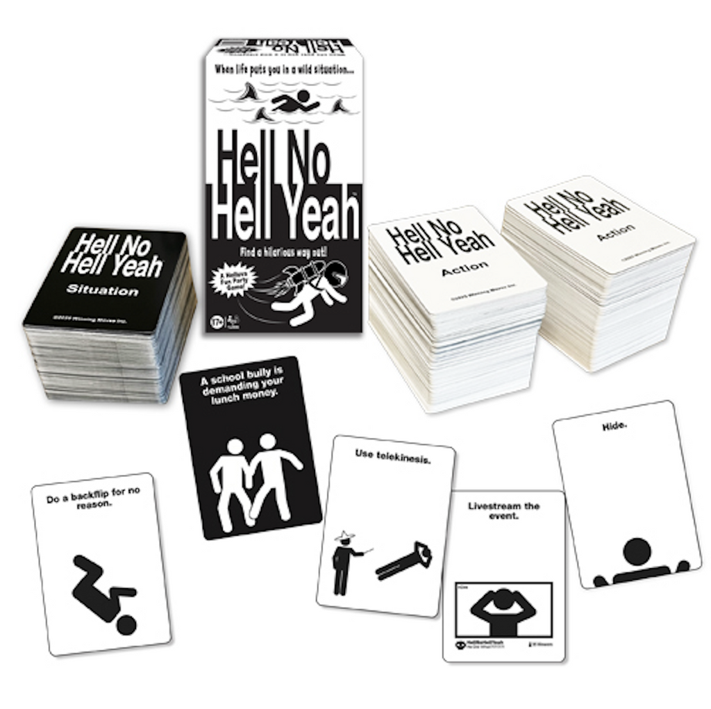 Black and white cards set up in decks of Action cards and Situation cards with a few of each spread out in play. 