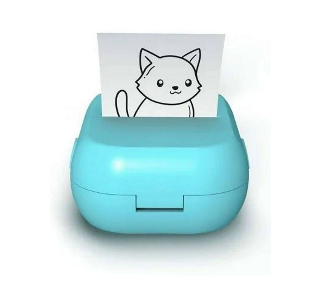 Mini thermal blue printer with a square sticker of a cat. 