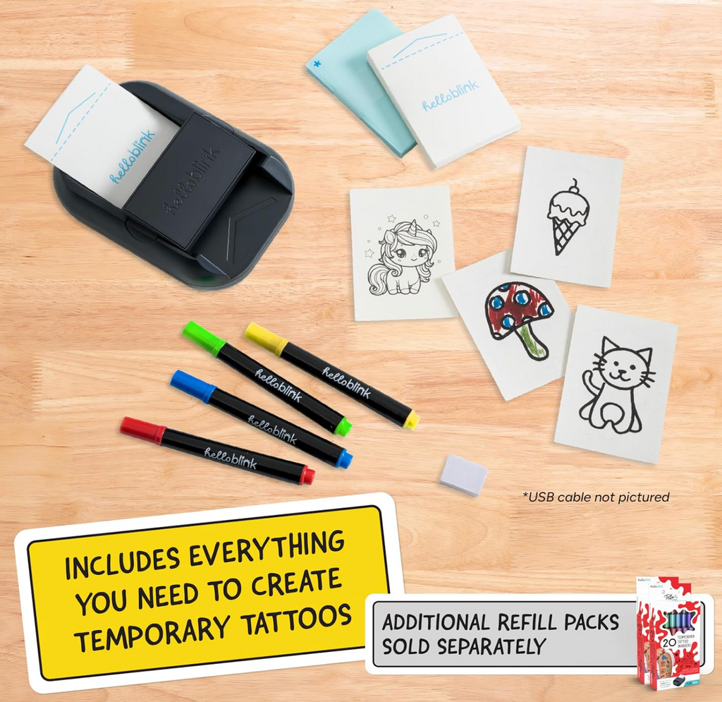 Temporary tattoo kit with tattoo designs, markers, and a printer loaded with the temporary tattoo paper. 