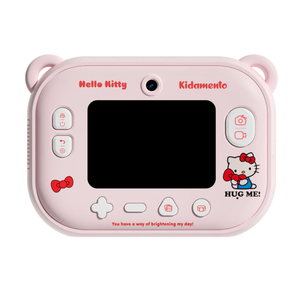 Back side of the Hello Kitty 50th Anniversary instant print digital camera. With a large display screen, function buttons and Hello Kitty graphics. 