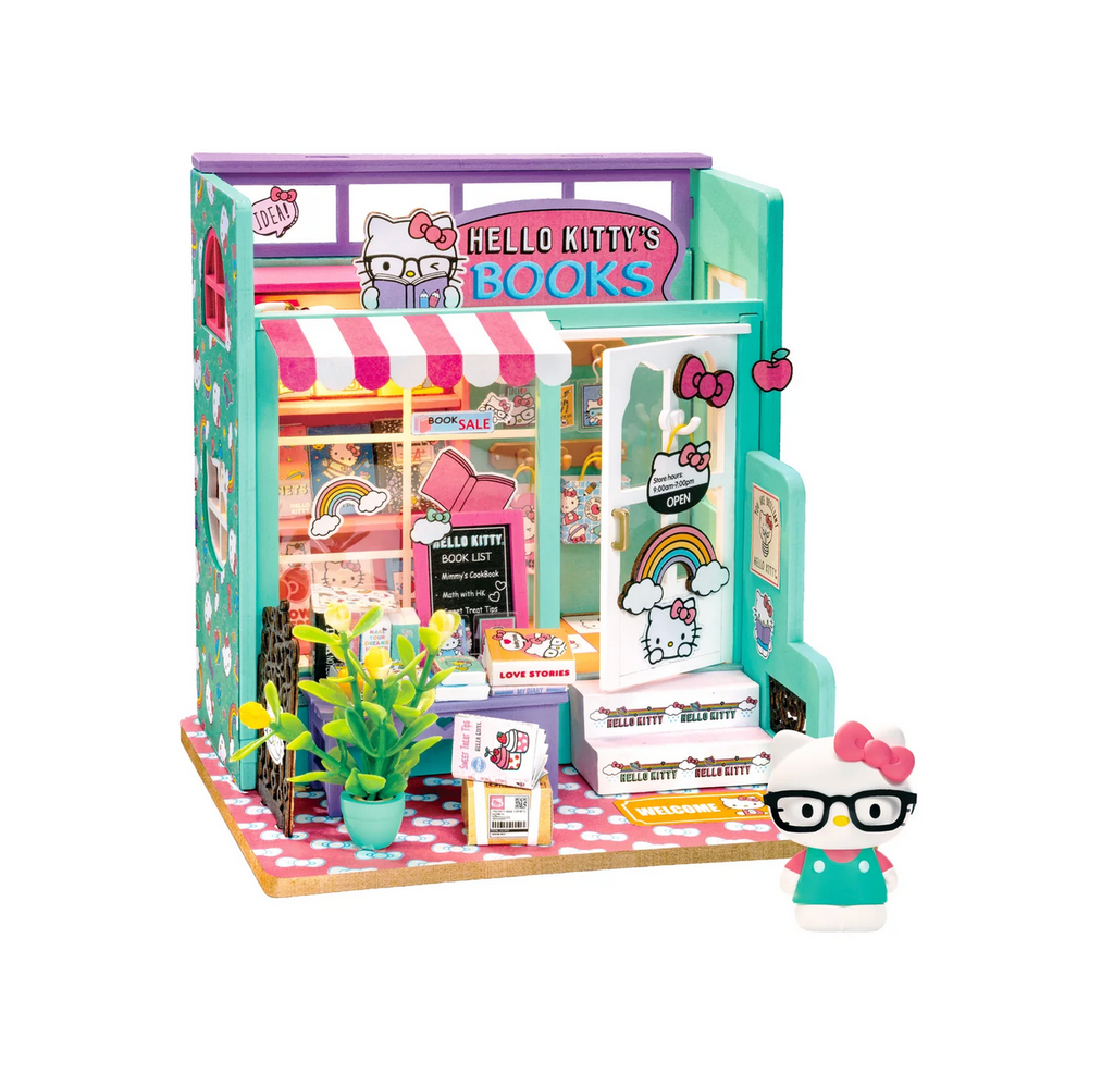 The completed model kit of the Hello Kitty Bookstore model house. 